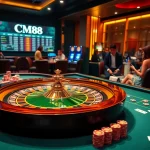 Experience the thrill of CM88's luxurious casino atmosphere with active players and a spinning roulette wheel.