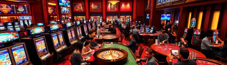 Experience the excitement of Nhà Cái HT368 with vibrant casino tables and players engaged in thrilling games.