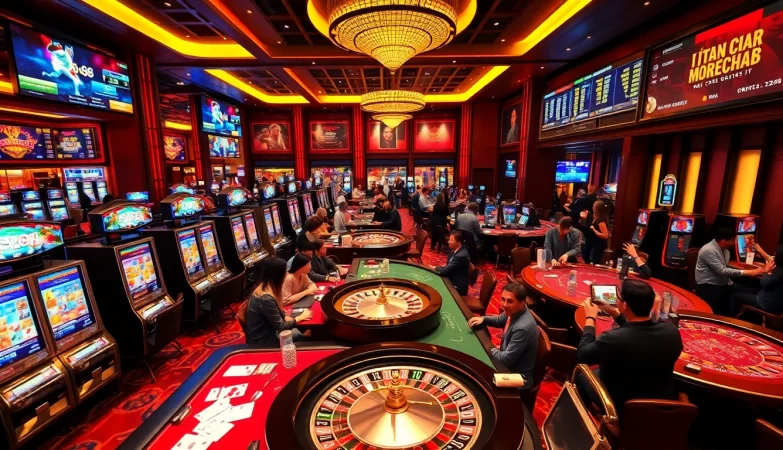 Experience the excitement of Nhà Cái HT368 with vibrant casino tables and players engaged in thrilling games.