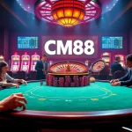 Players at a poker table celebrate wins with CM88-themed chips in a luxurious casino.