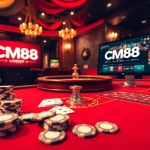 Engage in high-stakes gaming at CM88's luxurious casino tables with poker chips and cards.
