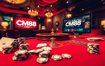 Engage in high-stakes gaming at CM88's luxurious casino tables with poker chips and cards.